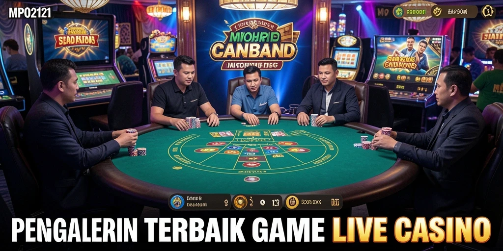 Screenshot gameplay MPO2121 menampilkan dealer dan permainan Live Casino.